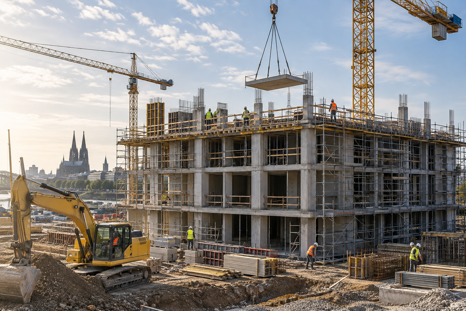 Aktive Baustelle mit Rohbau, Kränen und Bauarbeitern