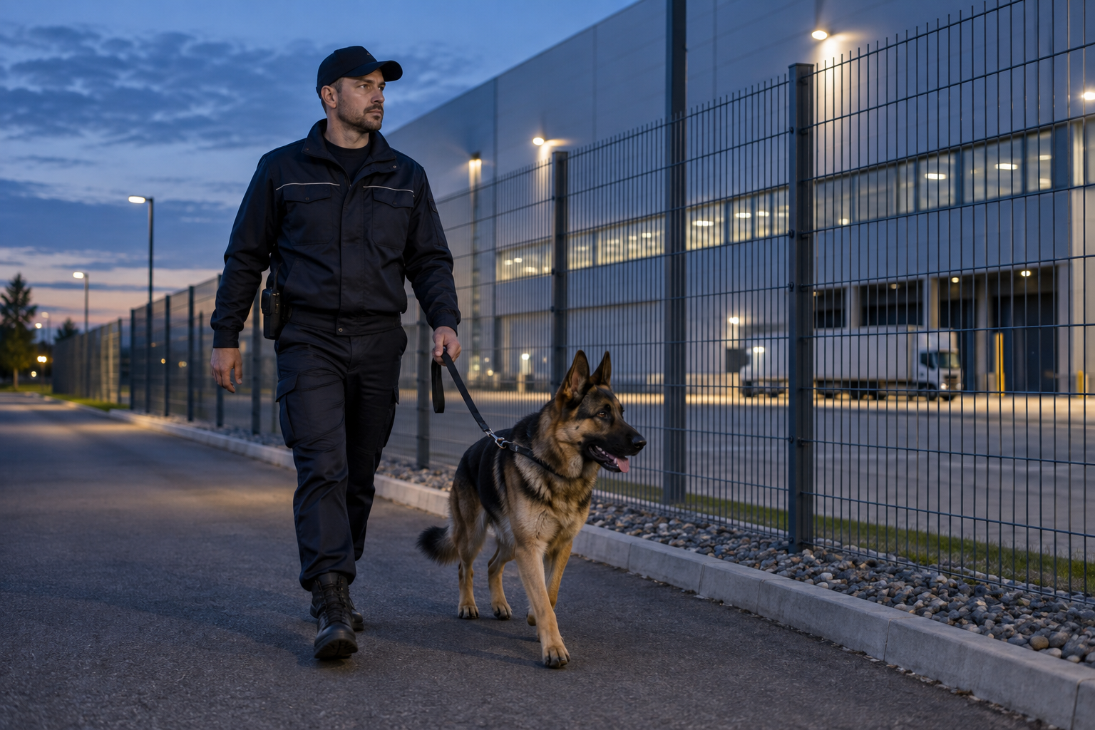 Sicherheitsmitarbeiter mit Schäferhund bei einer ruhigen Streife am Betriebsgelände